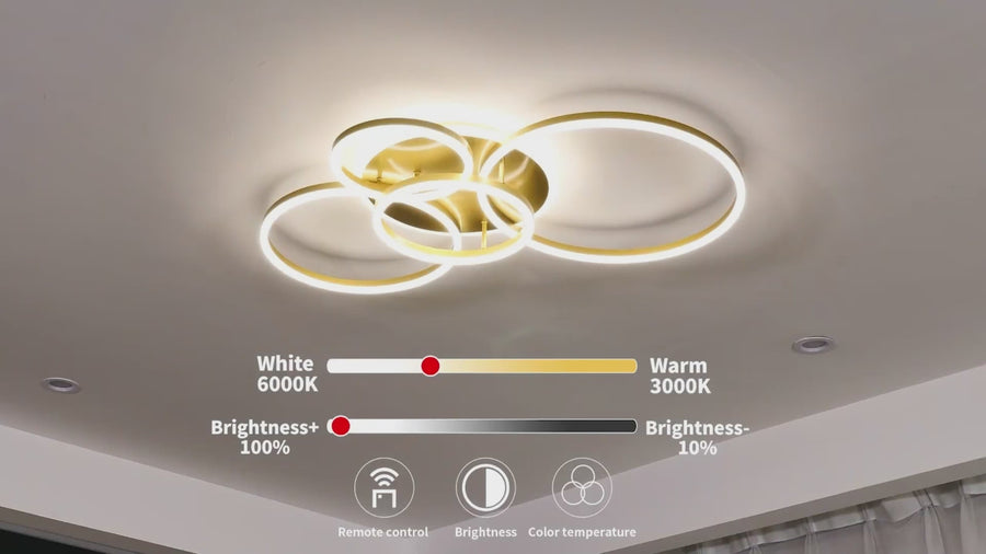 LED полилей с дистанционно управление DARIO, 4 кръга, 112W, топла/студена/неутрална светлина, димируем, златен