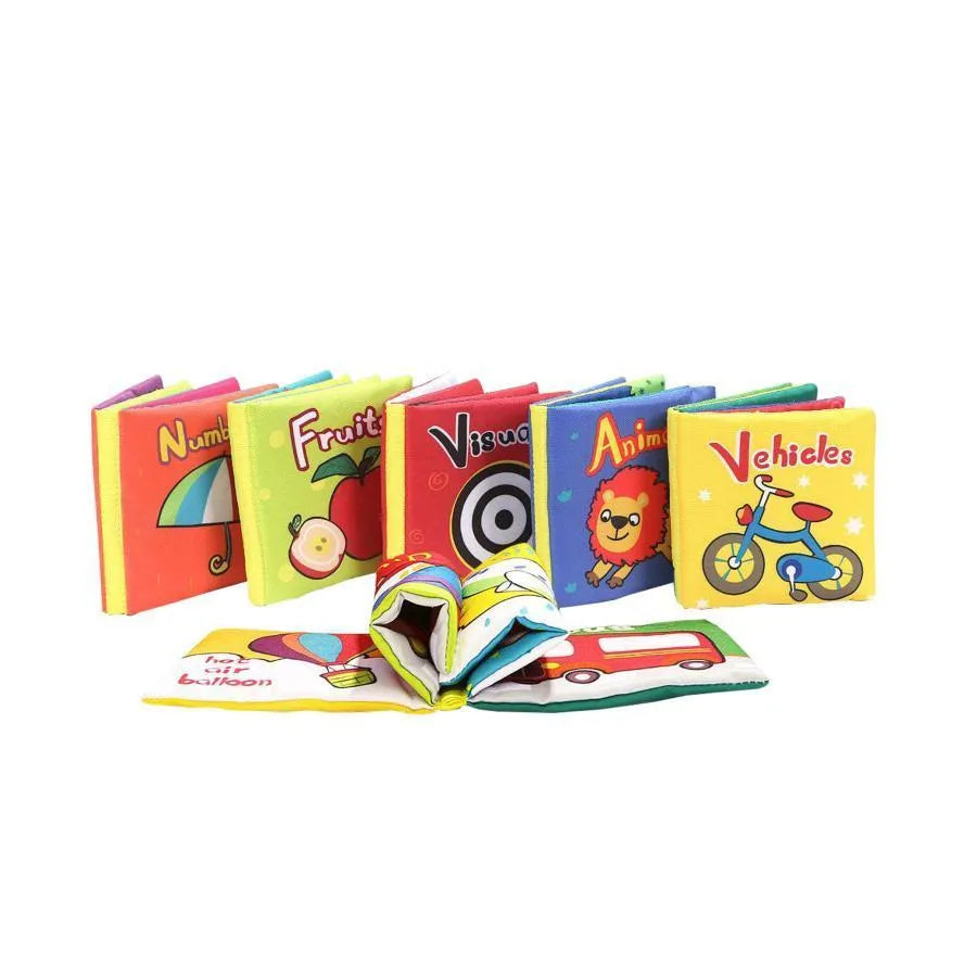 Задайте 6 карти в текстил с превозни средства, геометрични форми, визуални изображения, номера, животни и плодове, 6 парчета, текстил