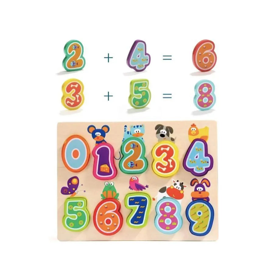 Маса с многоцветни животни и номера, 11 парчета, дърво