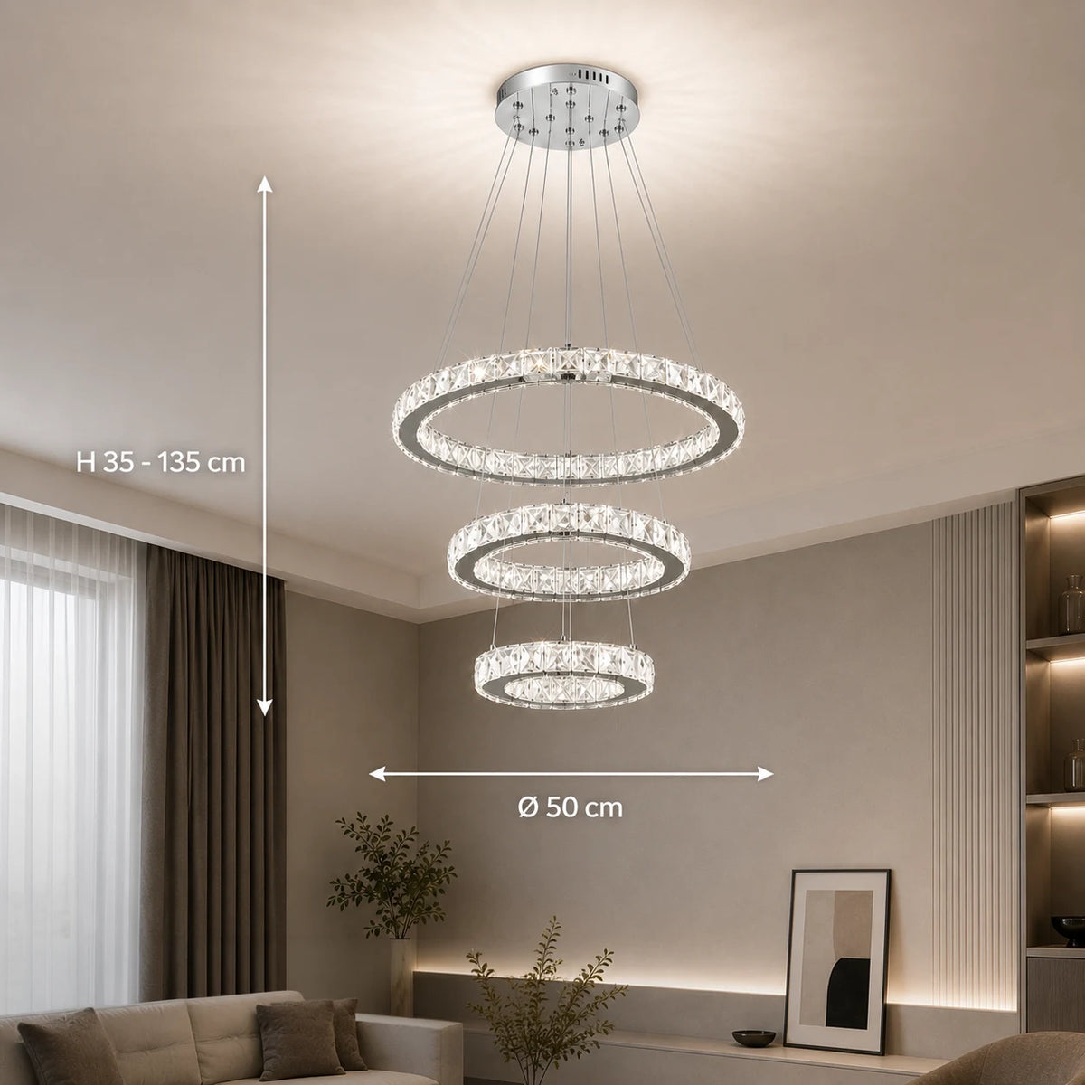 Окачен LED полилей с дистанционно управление и кристал PRISM LUMORA 63W, 3 кръга, Студена/Топла/Неутрална светлина, Димируем, Блестящ хром, Регулируема височина - 02_LLC131-3CH.png