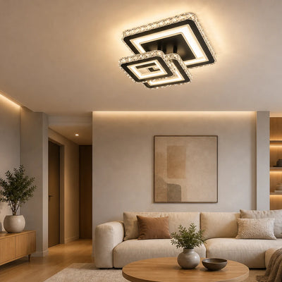 LED полилей с дистанционно управление и кристал LEILA 88W, 3 квадрата, Студена/Топла/Неутрална светлина, Димируем, Гланцов черен хром