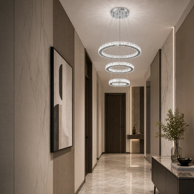 Окачен LED полилей с дистанционно управление и кристал PRISM LUMORA 63W, 3 кръга, Студена/Топла/Неутрална светлина, Димиране, Блестящ хром, Регулируема височина