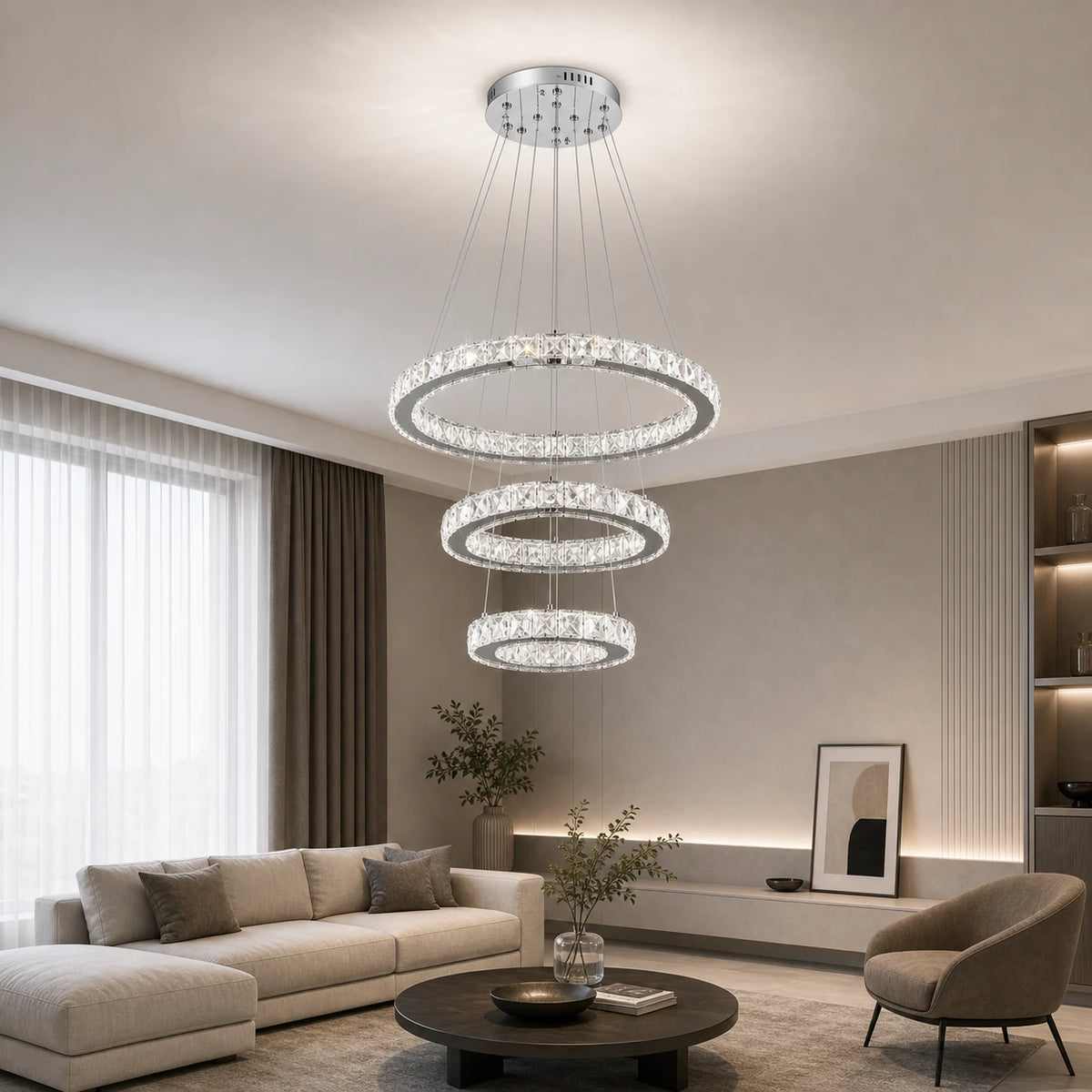 Окачен LED полилей с дистанционно управление и кристал PRISM LUMORA 63W, 3 кръга, Студена/Топла/Неутрална светлина, Димируем, Блестящ хром, Регулируема височина - 10_LLC131-3CH.png