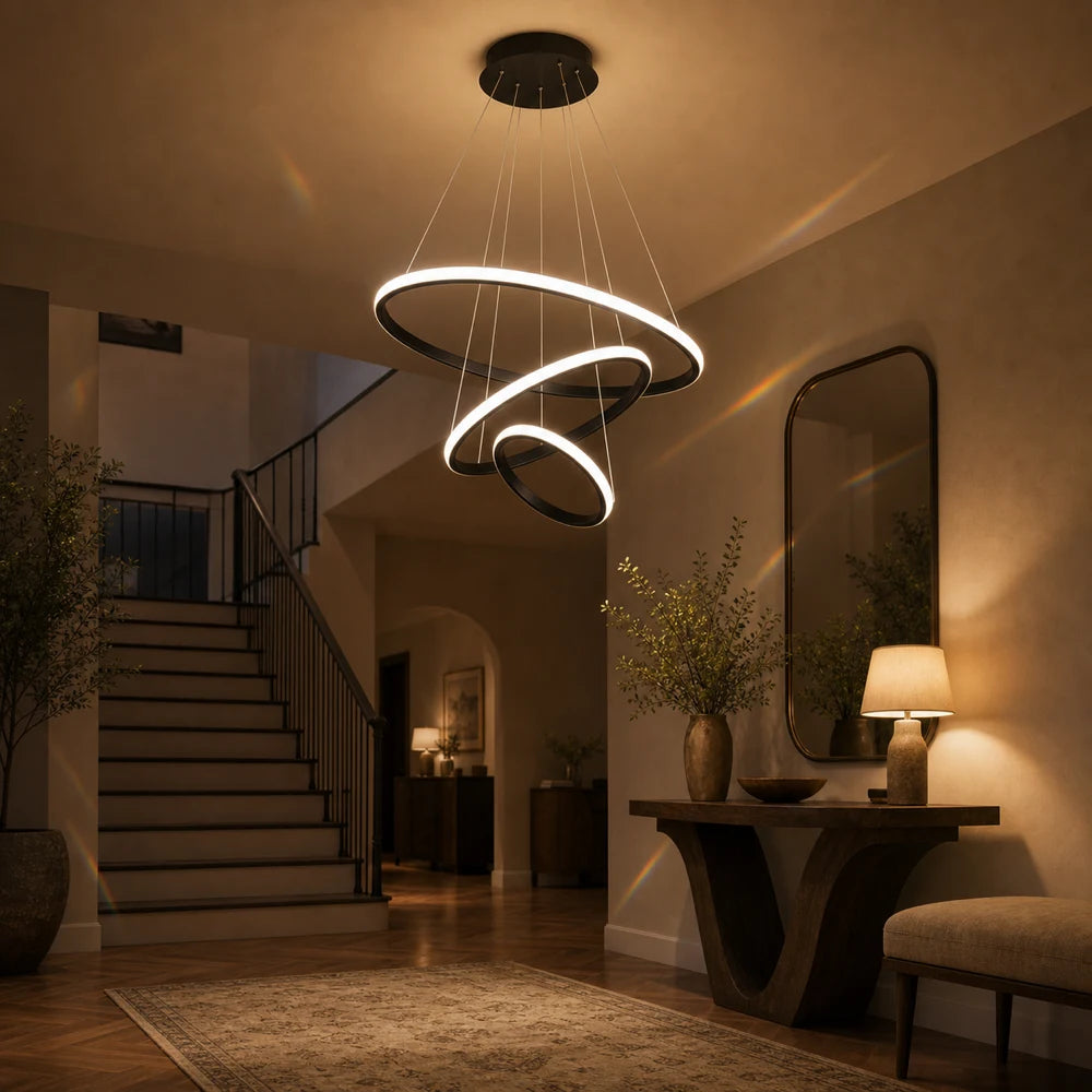 Висящ LED полилей RICCI 81W, 3 кръга, Студена/Топла/Неутрална светлина, Черен, Регулируема височина - 12_LL104-3BK.png