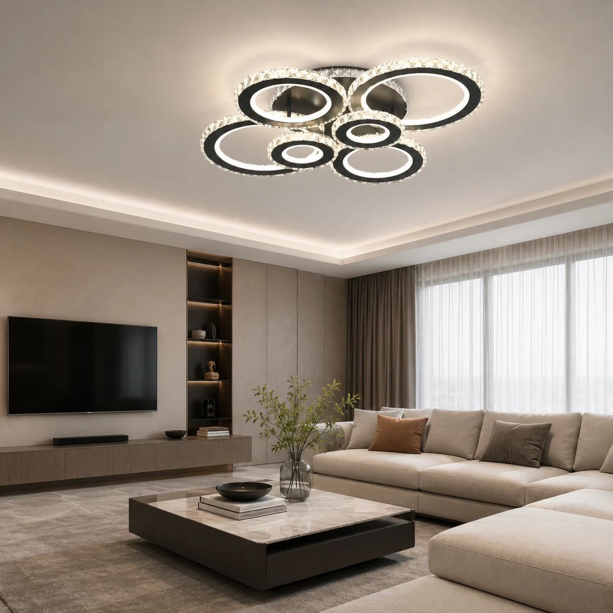 LED полилей с дистанционно управление и кристал NOVA ROTONDA RGB 145W, 6 кръга, Студена/Топла/Неутрална светлина, Димируем, Черен - 12_LT073-6BK.png