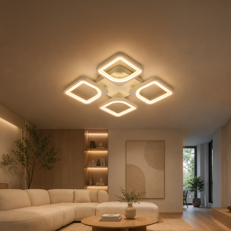 LED полилей с дистанционно ZOE 53W, 4 квадрата, Студена/Топла/Неутрална светлина, Димируем, Бял
