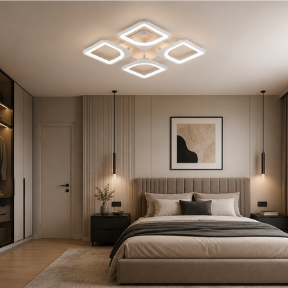 LED полилей с дистанционно ZOE 53W, 4 квадрата, Студена/Топла/Неутрална светлина, Димируем, Бял