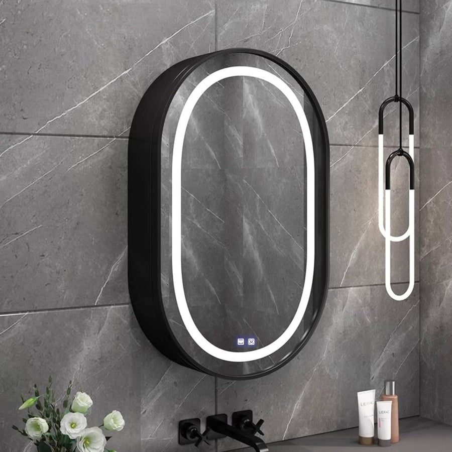 LED огледало с шкаф, овал, 50x80см, увреждания, студ/гореща/неутрална светлина, черна рамка, място за съхранение