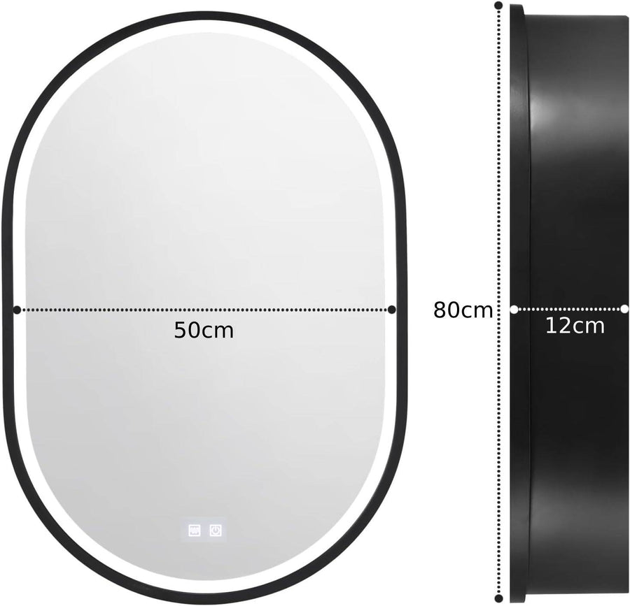LED огледало с шкаф, овал, 50x80см, увреждания, студ/гореща/неутрална светлина, черна рамка, място за съхранение