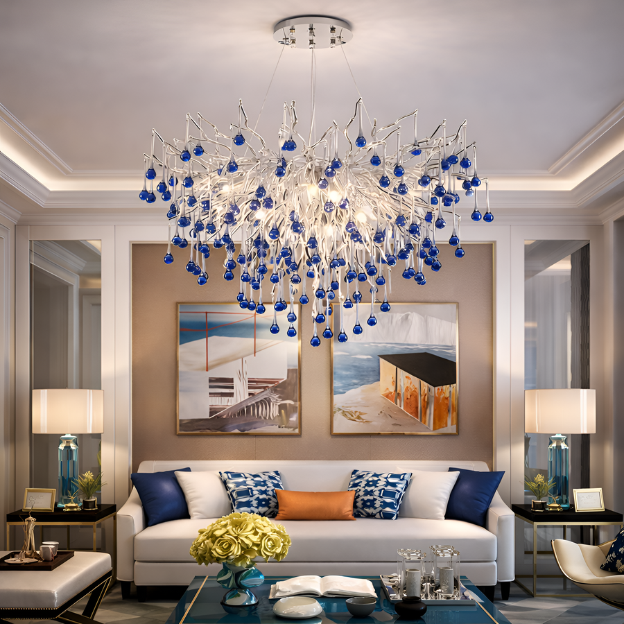 Кристален полилей CC335/600CH, 9x G9, хром и сини кристали, 60 см, регулируема височина