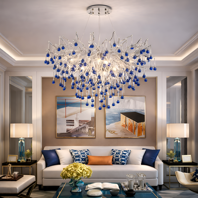 Кристален полилей CC335/600CH, 9x G9, хром и сини кристали, 60 см, регулируема височина