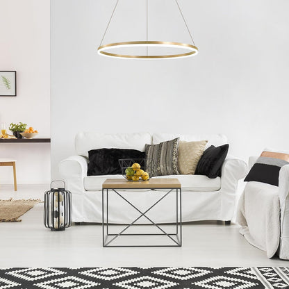 Окачен LED полилей, ANINA, 34W, 1 кръг, диаметър 49 см, студена/топла/неутрална светлина 3000K/4000K/6000K, възможност за димиране, блестящо златисто бяло, регулируема височина, метал и акрил