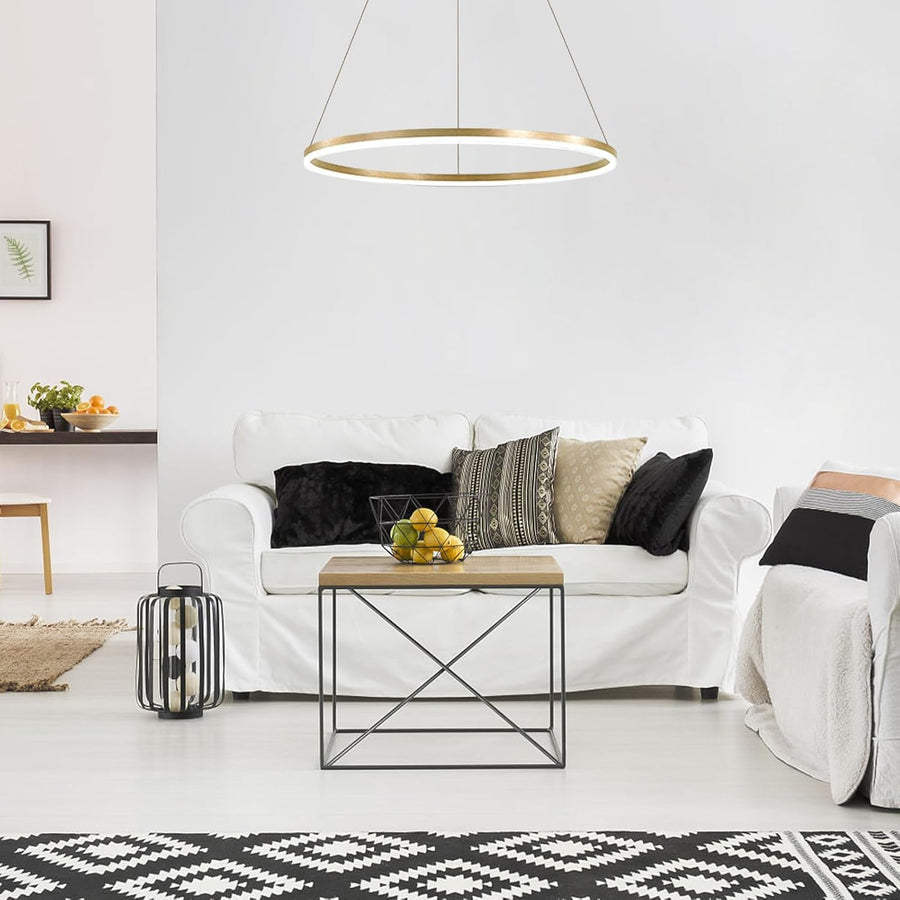 Окачен LED полилей, ANINA, 34W, 1 кръг, диаметър 49 см, студена/топла/неутрална светлина 3000K/4000K/6000K, възможност за димиране, блестящо златисто бяло, регулируема височина, метал и акрил