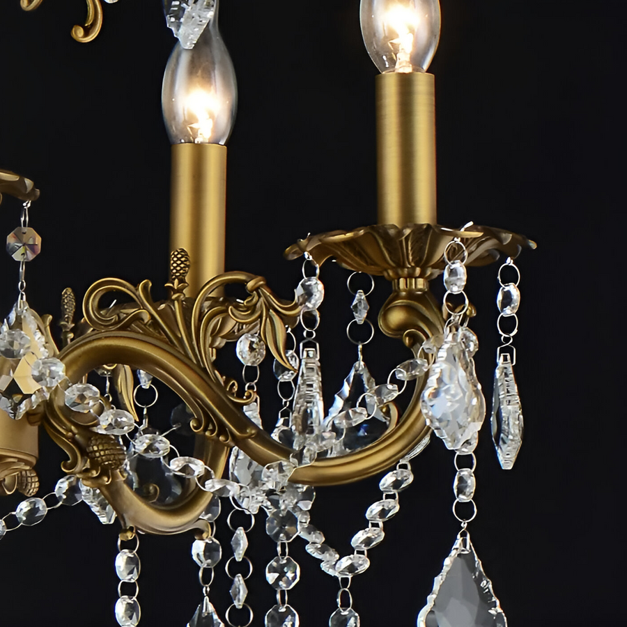 Candelabru Sansoiu Royal 12xe14 Метални и кристални регулируеми височина Античен месинг