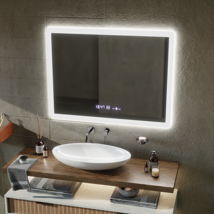 Правоъгълно светодиодно огледало 50x70cm Zampa Sensor Motionglow Marcello Clock Defrition System & Dimable термометър