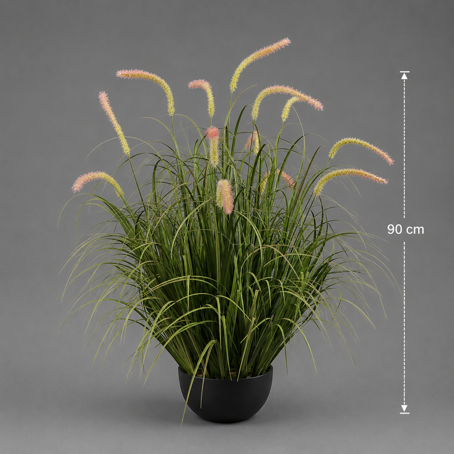 Изкуствено декоративно растение Cattail Grass, 90 см, 13 стъбла, извита трева и подправки, зелено, без саксия