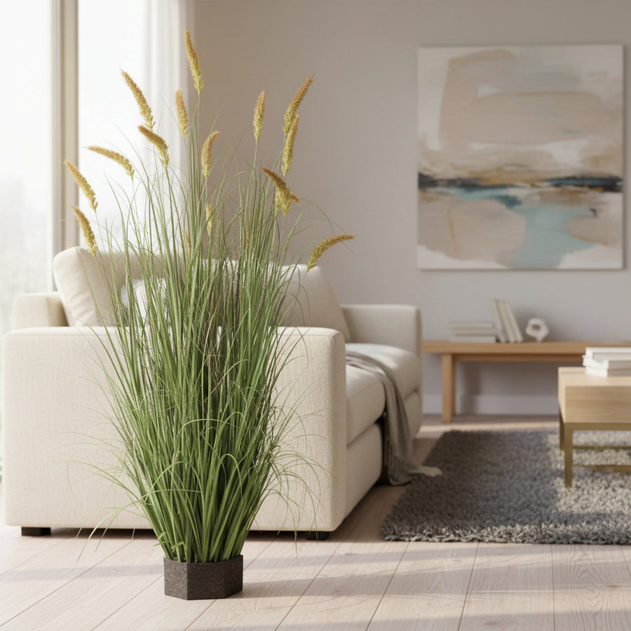 Изкуствено декоративно растение Cattail Grass, 150 см, 17 стъбла, извита трева и класове, зелено, без саксия
