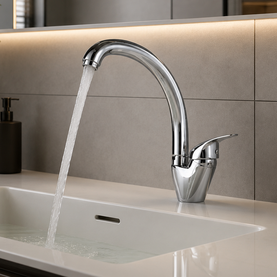 Гланцов хромиран кухненски кран LB00C, въртящ се кран Swan, керамичен патрон, пълен комплект с връзки и система за фиксиране