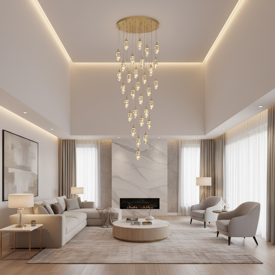AROHA LED кристален полилей с дистанционно управление, окачен, 30 източника, 90 W, топла/неутрална/студена светлина, диаметър 60 см, регулируема височина, злато, метал и кристал