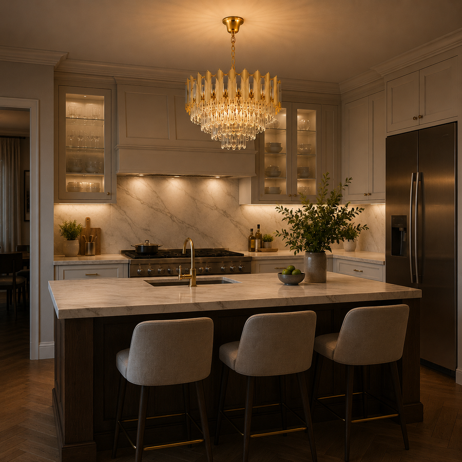 Кристален полилей BUCKINGHAM Eleganza 8x E14, диаметър 50 см, блестящо злато, регулируема височина