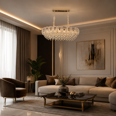 Кристален полилей DONNO Supremo, 90x34 см, 11xE14, регулируема височина, метал и кристал, злато