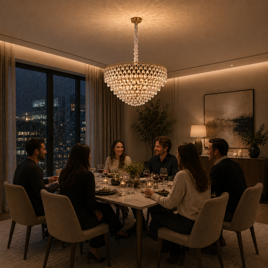 Candelabru Cristal ERDENET Magno, 12xE14, Diametru 60 cm, Metal si Cristal, Auriu Lucios, Inaltime Reglabila