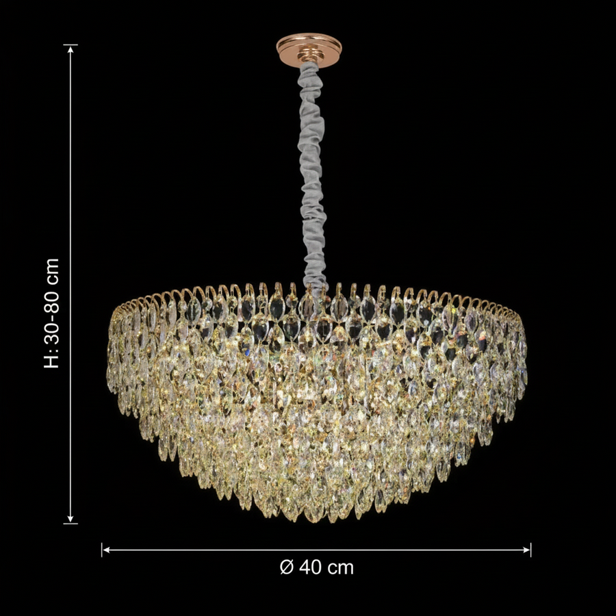 Candelabru Cristal ERDENET Nobile, 5xE14, Diametru 40 cm, Metal si Cristal, Auriu Lucios, Inaltime Reglabila