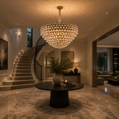 Candelabru Cristal ERDENET Regalis, 22xE14, Diametru 80 cm, Metal si Cristal, Auriu Lucios, Inaltime Reglabila