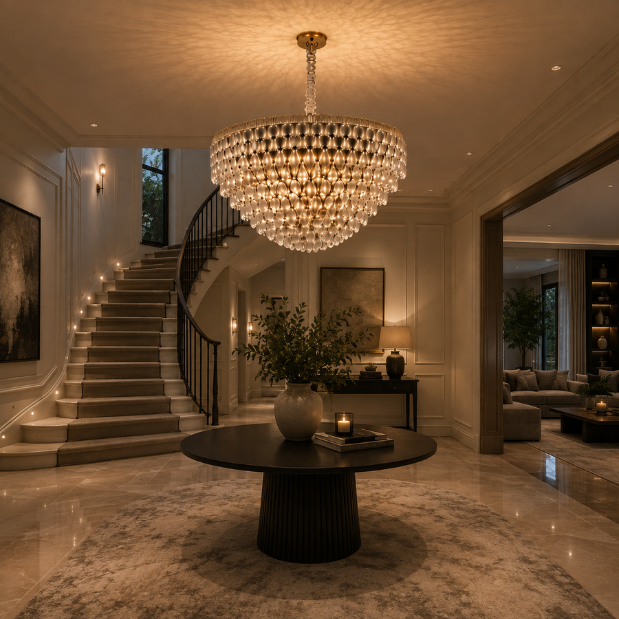 Candelabru Cristal ERDENET Regalis, 22xE14, Diametru 80 cm, Metal si Cristal, Auriu Lucios, Inaltime Reglabila