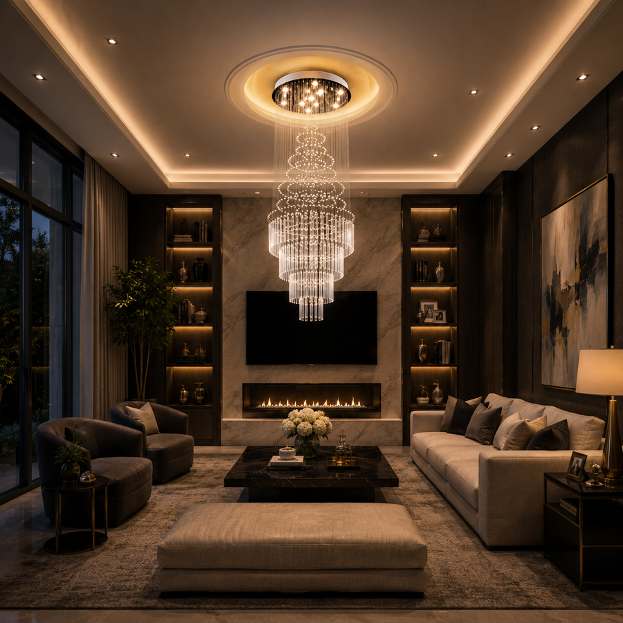 LED кристален полилей 80W AUGUSTA Gold, диаметър 50cm, височина 200cm, модел стълба