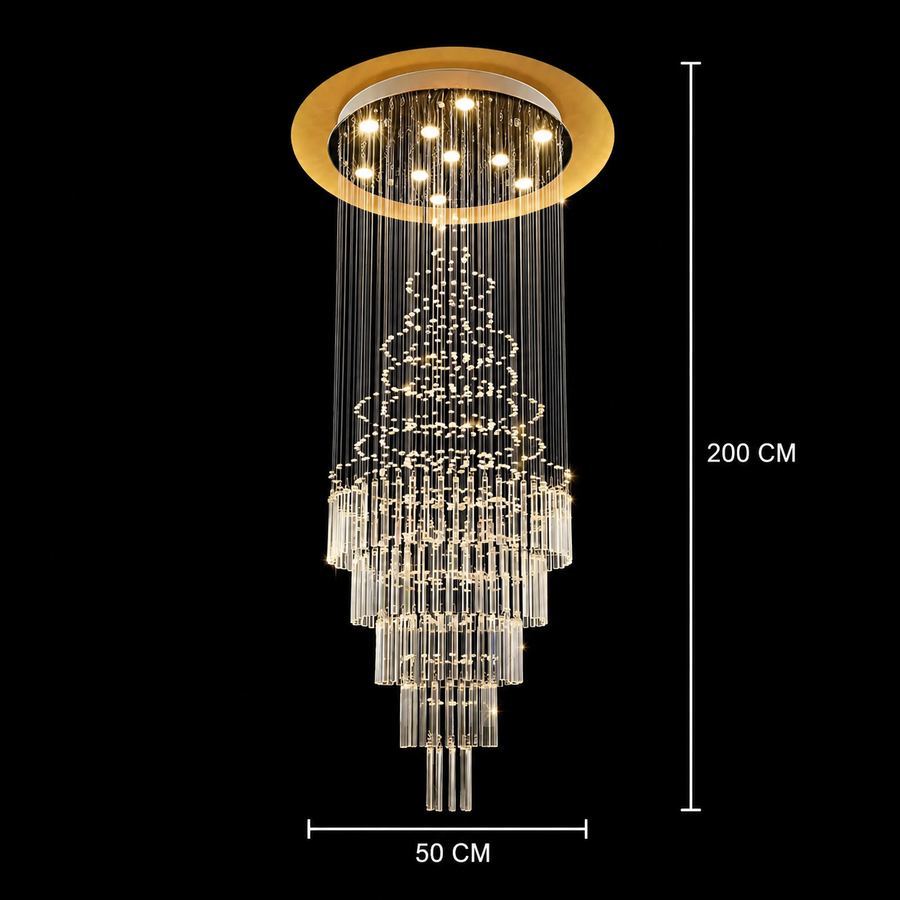 LED кристален полилей 80W AUGUSTA Gold, диаметър 50cm, височина 200cm, модел стълба