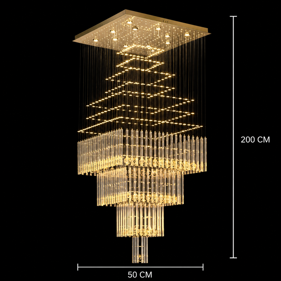 LED кристален полилей 80W FLORENTIA Gold, диаметър 50cm, височина 200cm, модел стълба