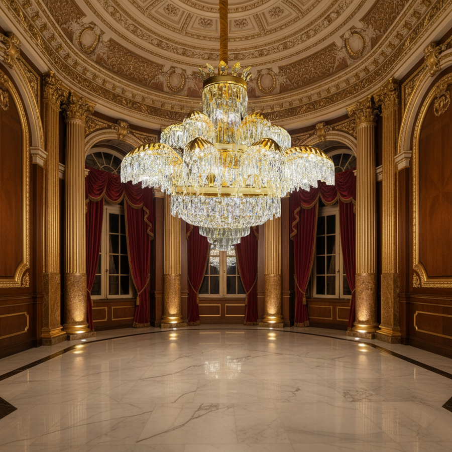 Кристален полилей PALACE Supremo 29xG9, D115 см, блестящо злато, регулируема височина, метални и кристални кристални полилеи Заглавие по подразбиране Alessandro Design