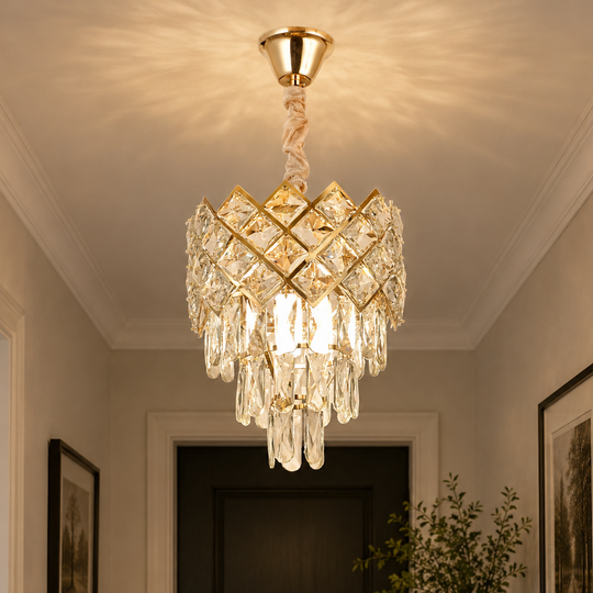 Crystal Chandelier VECTORIA Petito 3xE14, Diameter 28cm, Gold, Adjustable Height, Metal and Crystal