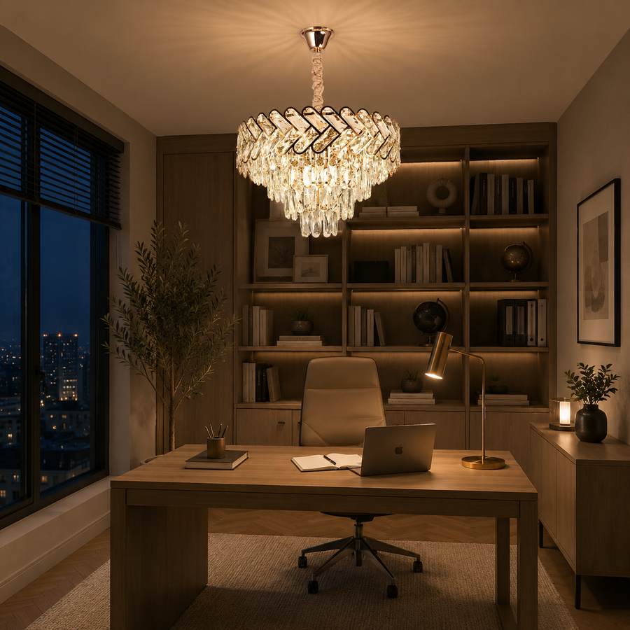 Candelabru Cristal VECTOR Magn 8xE14, Diametru 58cm, Auriu Lucios, Inaltime Reglabila, Metal si Cristal