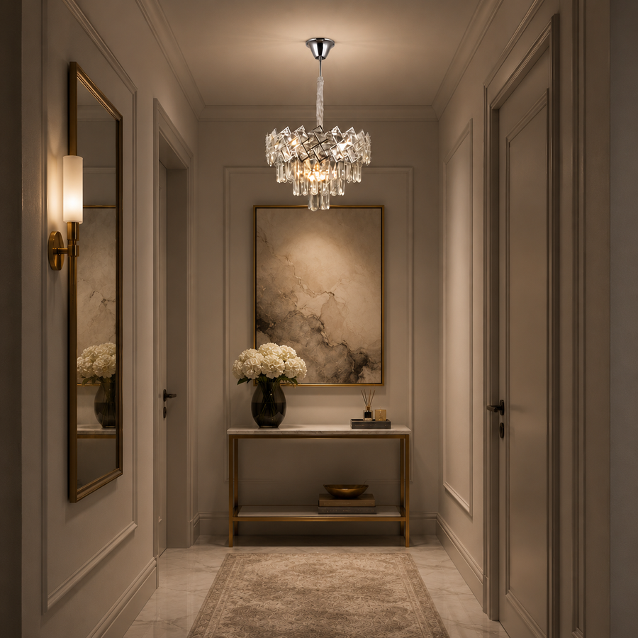 Кристален полилей WINDSOR Petito 3xE14, диаметър 29 см, блестящ хром, регулируема височина
