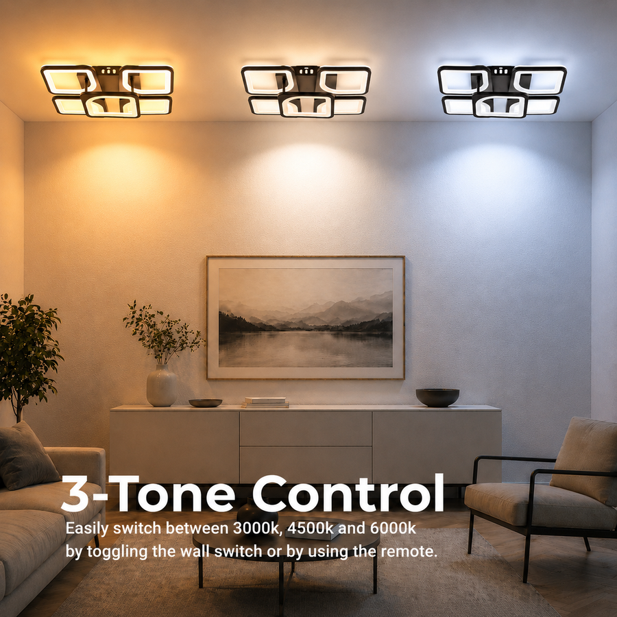 LED полилей с дистанционно управление ZOE 65W, 5 квадрата, Студена/Топла/Неутрална светлина, Димируем, Черен