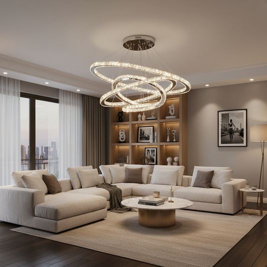Светещ PRISM LED полилей, кристал и метал, 210 W, 4 кръга, възможност за димиране, студена/топла/неутрална светлина, луксозно осветление