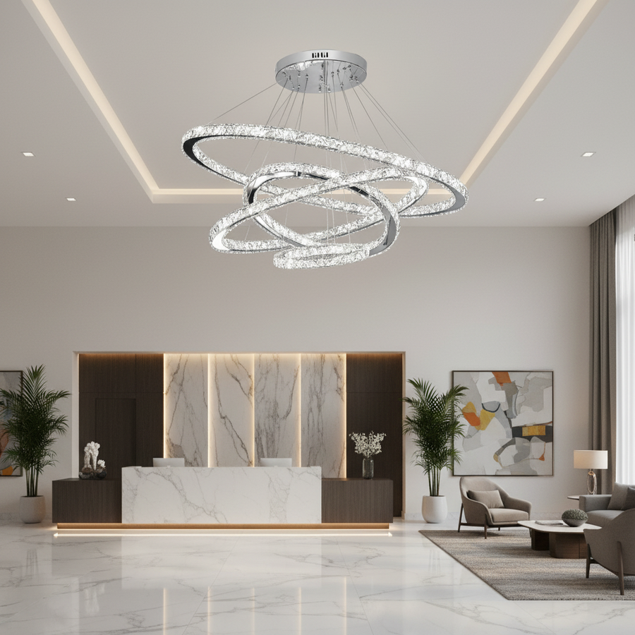 Светещ PRISM LED полилей, кристал и метал, 210 W, 4 кръга, възможност за димиране, студена/топла/неутрална светлина, луксозно осветление
