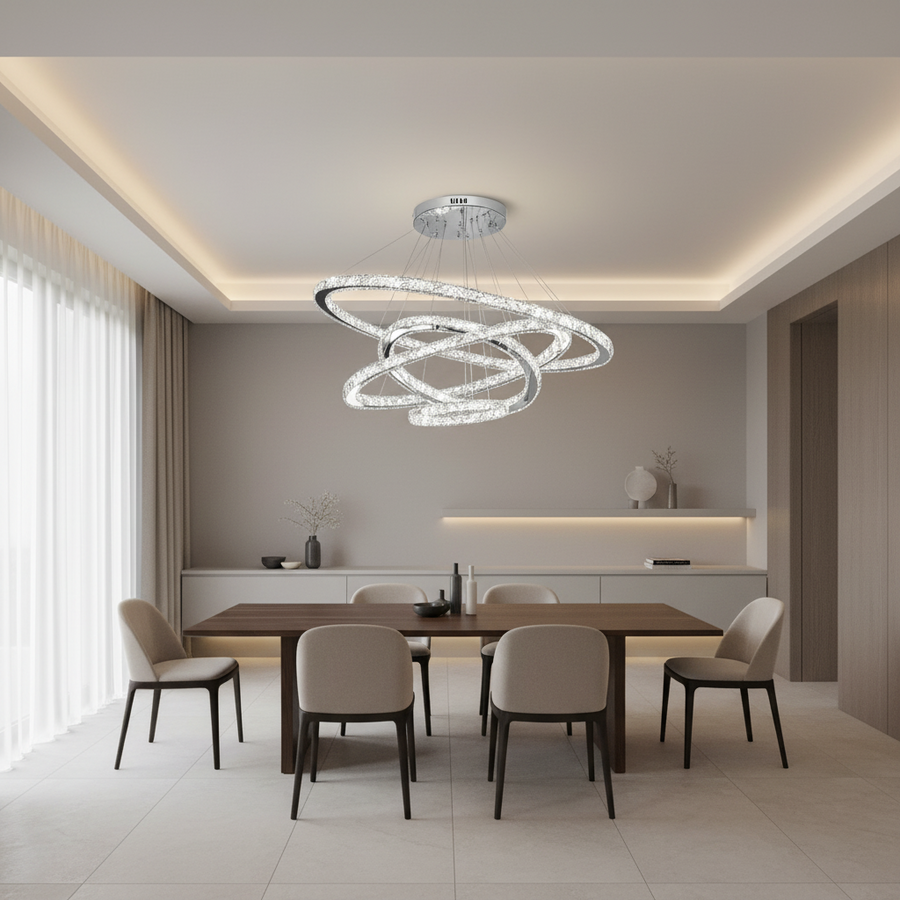 Светещ PRISM LED полилей, кристал и метал, 210 W, 4 кръга, възможност за димиране, студена/топла/неутрална светлина, луксозно осветление