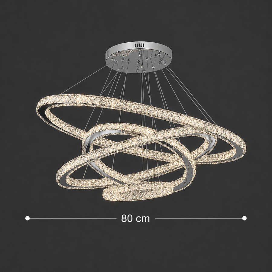 Светещ PRISM LED полилей, кристал и метал, 210 W, 4 кръга, възможност за димиране, студена/топла/неутрална светлина, луксозно осветление