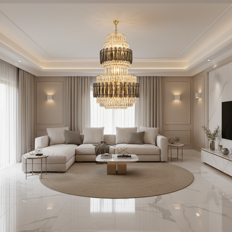 Candelabru Cristal VELIOR Regalis 29xE14, D80 cm, Auriu, Inaltime Reglabila, Metal si Cristal Candelabre Cristal Default Title Alessandro Design