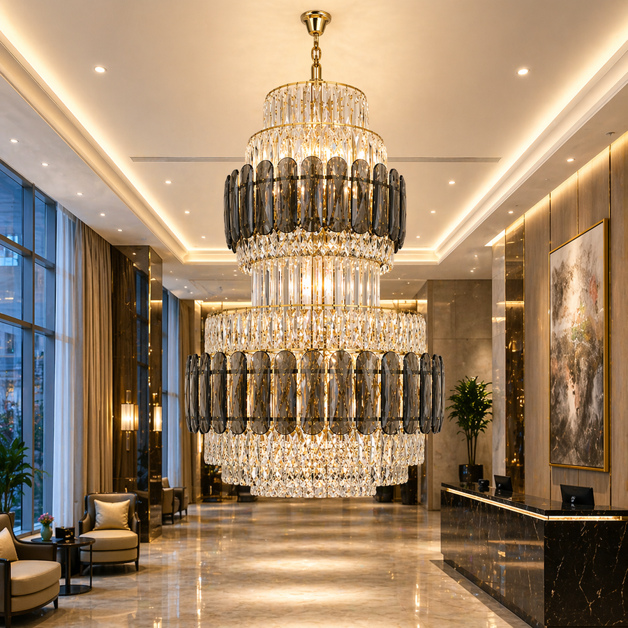 Candelabru Cristal VELIOR Regalis 29xE14, D80 cm, Auriu, Inaltime Reglabila, Metal si Cristal Candelabre Cristal Default Title Alessandro Design