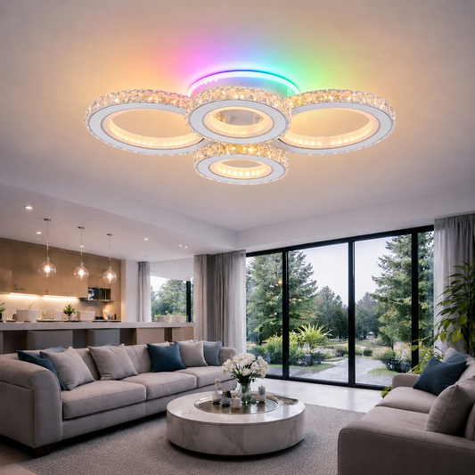LED полилей с дистанционно управление и кристал NOVA ROTONDA RGB 82W, 4 кръга, Студена/Топла/Неутрална светлина, Димируем, Бял