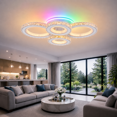 LED полилей с дистанционно управление и кристал NOVA ROTONDA RGB 82W, 4 кръга, Студена/Топла/Неутрална светлина, Димируем, Бял