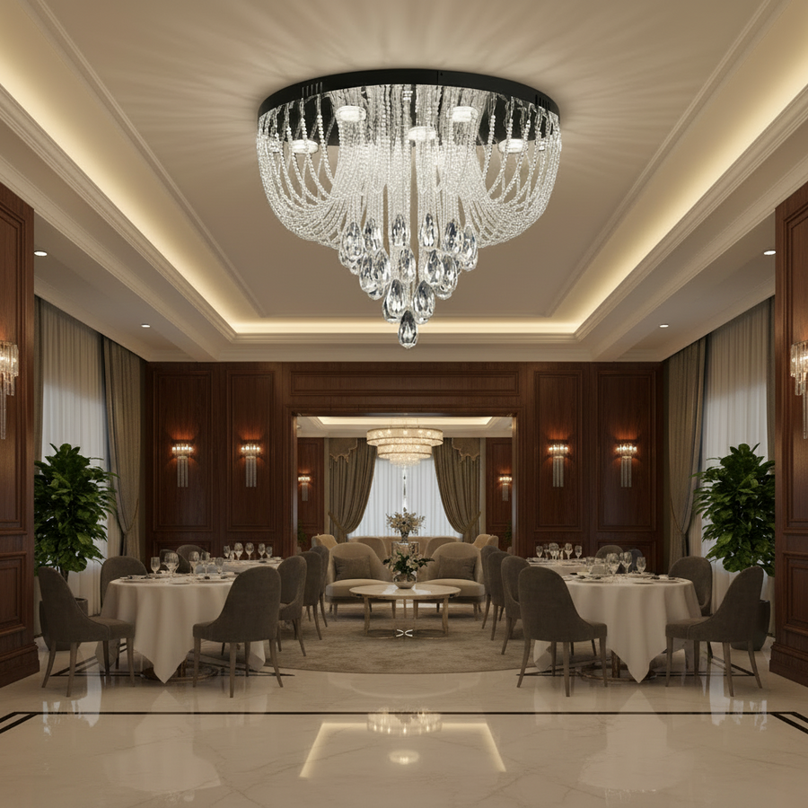 MAGE Crystal LED полилей Eleganza, 26W, топла/неутрална/студена светлина, диаметър 50 см, блестящ хром