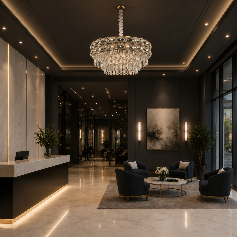 Candelabru Cristal LUCENT Magno 12xE14, D60 cm, Auriu, Inaltime Reglabila, Metal si Cristal