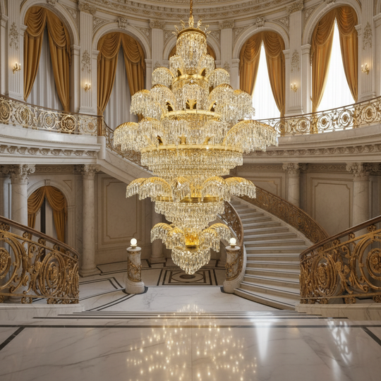 Кристален полилей PALACE Grande, 52 рамена, 96xG9, диаметър 150 см, височина 230 см, блестящо злато, регулируема височина, елегантен дизайн Кристални полилеи Заглавие по подразбиране Alessandro Design