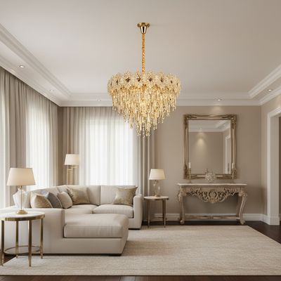 Кристален полилей FLEUR Magno 12xE14, диаметър 60 см, височина 45 см, блестящо злато, регулируема височина, елегантен дизайн