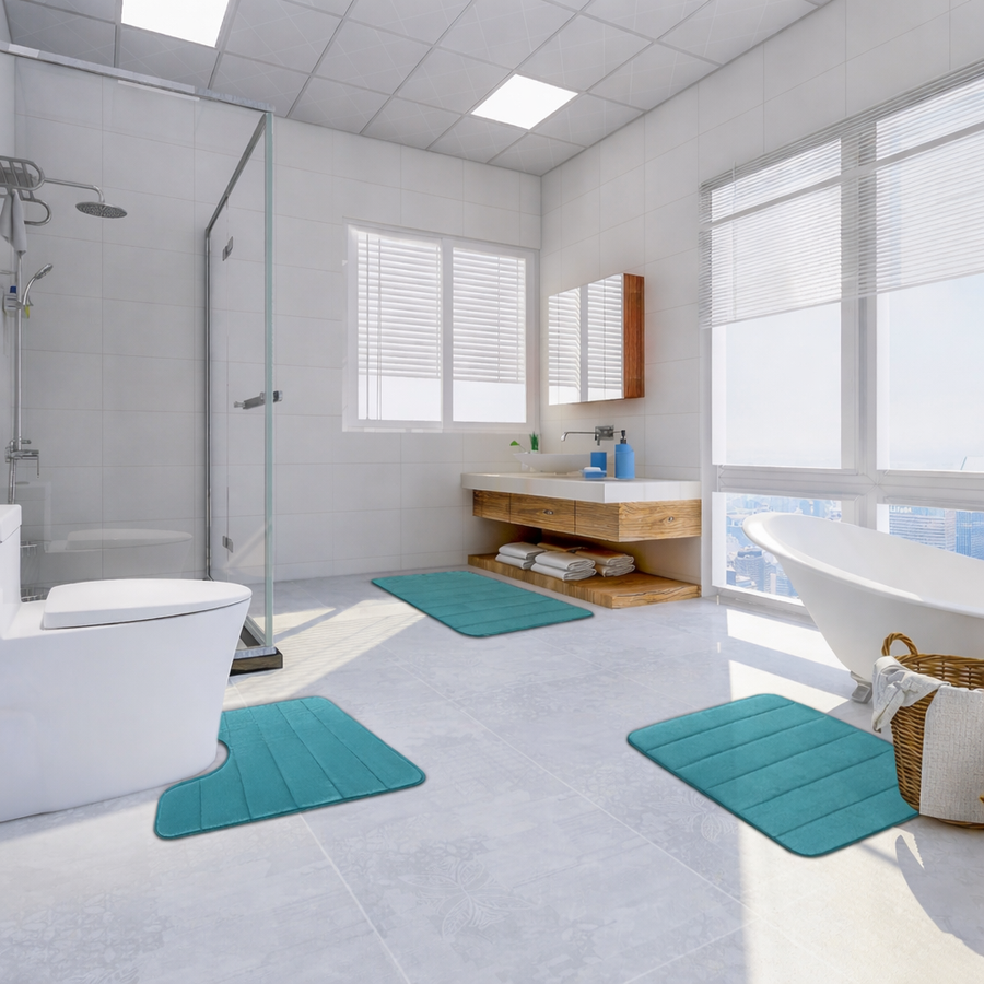 Комплект от 3 постелки за баня, 50x40 см, сини, неплъзгащи се